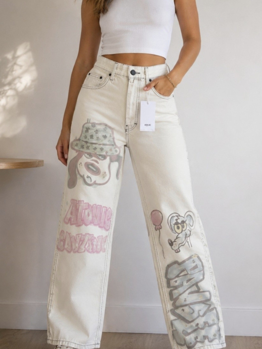 Bershka Cream Wide-Leg Graphic Jeans with Pastel Artwork
